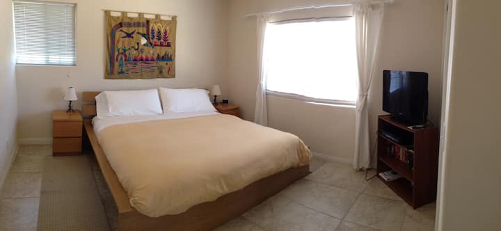 חדר השינה הראשי עם מיטת קינג סייז. חדר ארונות מימין.