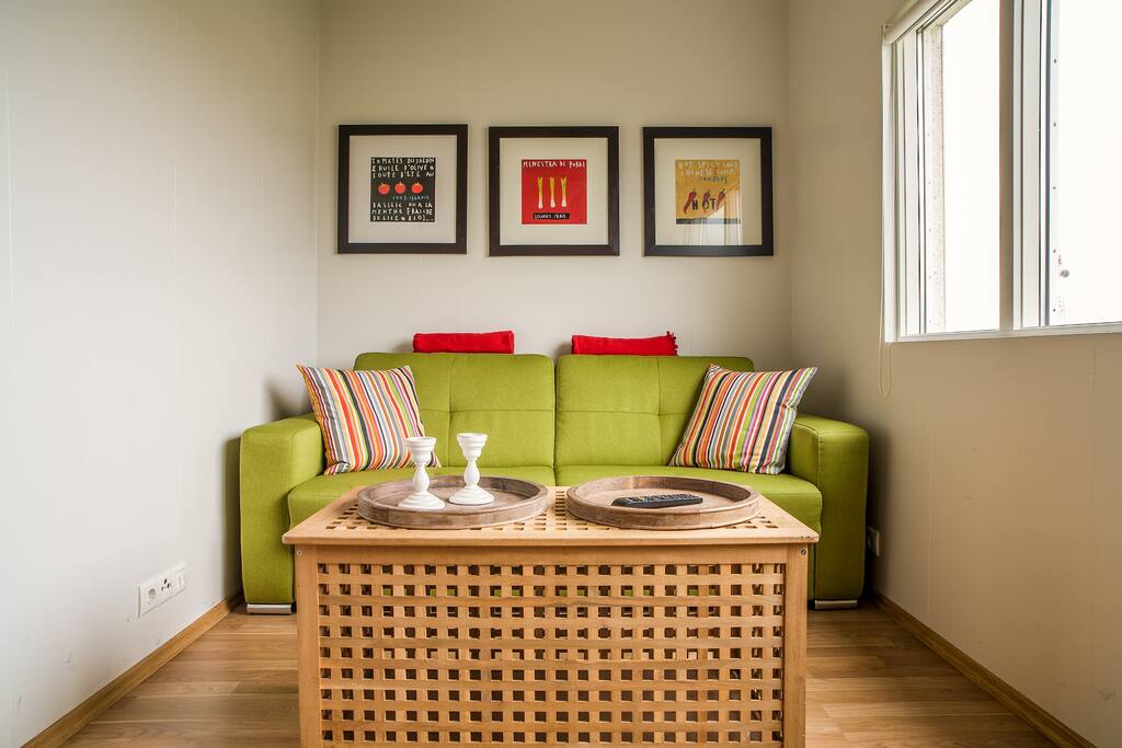 Lounge with double sofa bed. Room for extra mattress on the floor.