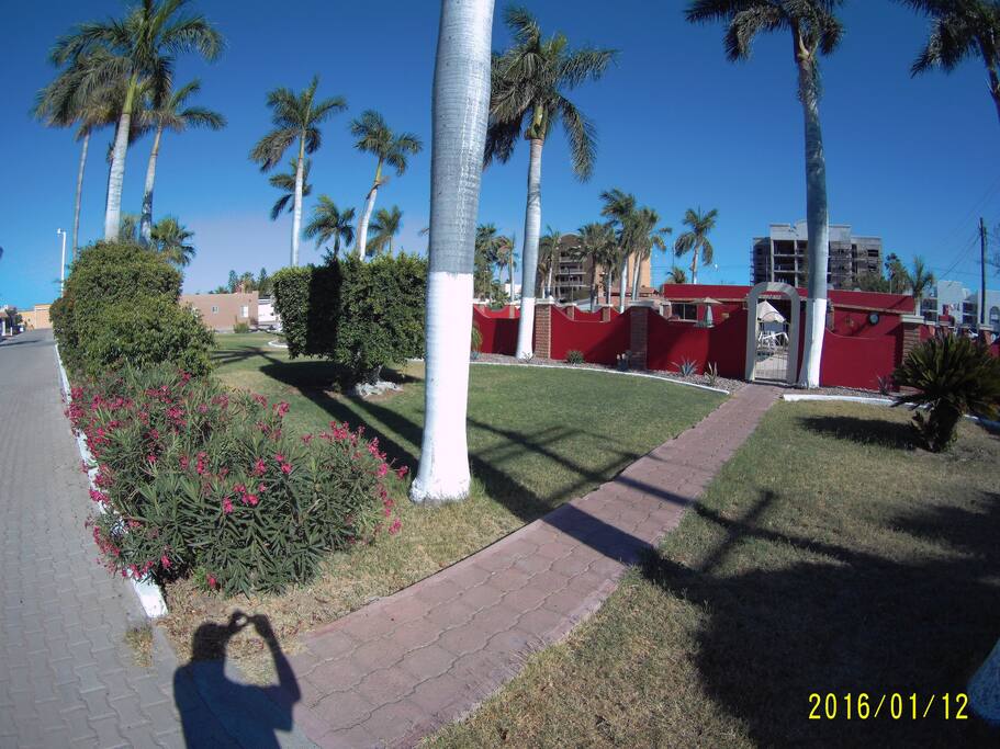 View across the road from the house - park and pool area.