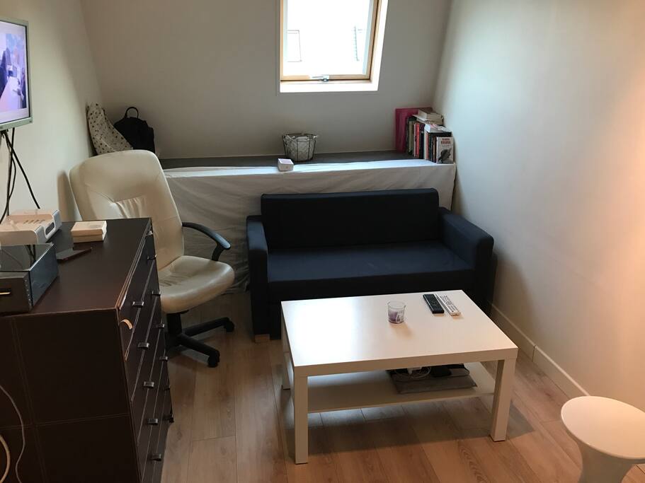 Séjour avec canapé lit double, télévision, wifi disponible.