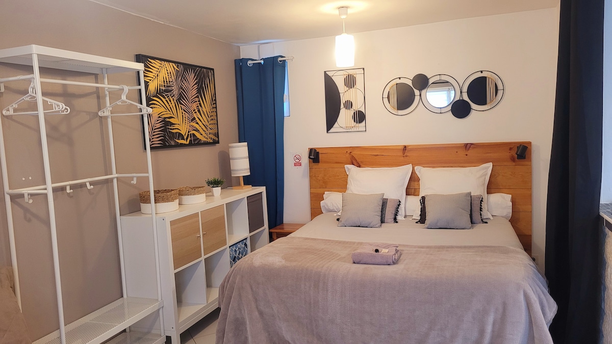 A bedroom features a large bed with neutral bedding, accented by decorative pillows. A modern wall art piece hangs above the headboard. A light fixture provides soft illumination, and windows are partially covered by blue curtains. A clothing rack and shelving unit are visible.