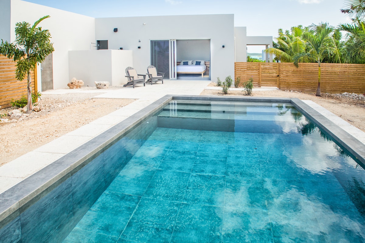 The image captures a private swimming pool with clear blue water, bordered by a spacious patio. Lounge chairs are positioned to the side, while a well-maintained garden with palm trees and shrubs is visible in the background. The minimalist architecture of the home is also featured.