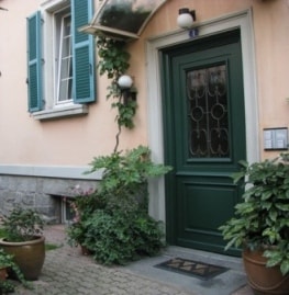 The entrance is framed by the soft hues of the building's exterior. A dark green door features decorative glass elements, while potted plants in various sizes adorn the pathway, creating an inviting approach to the property.