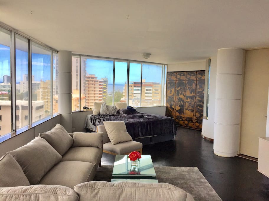 2nd floor of Penthouse 850 square feet with 2 beds. 1 king and 1 queen. Room divides into 2 with privacy drapes.