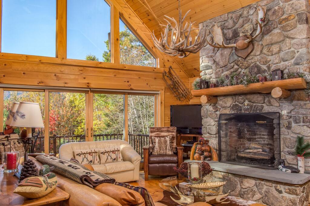 Propane Fireplace with Antler Chandelier