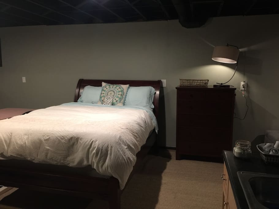 Pottery Barn queen size bed and dresser. Comfy medium/firm mattress.