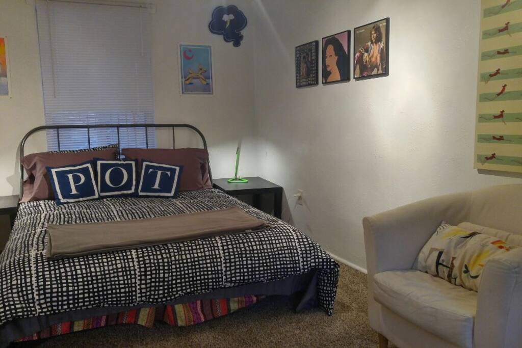 There's a queen-size bed in the bedroom