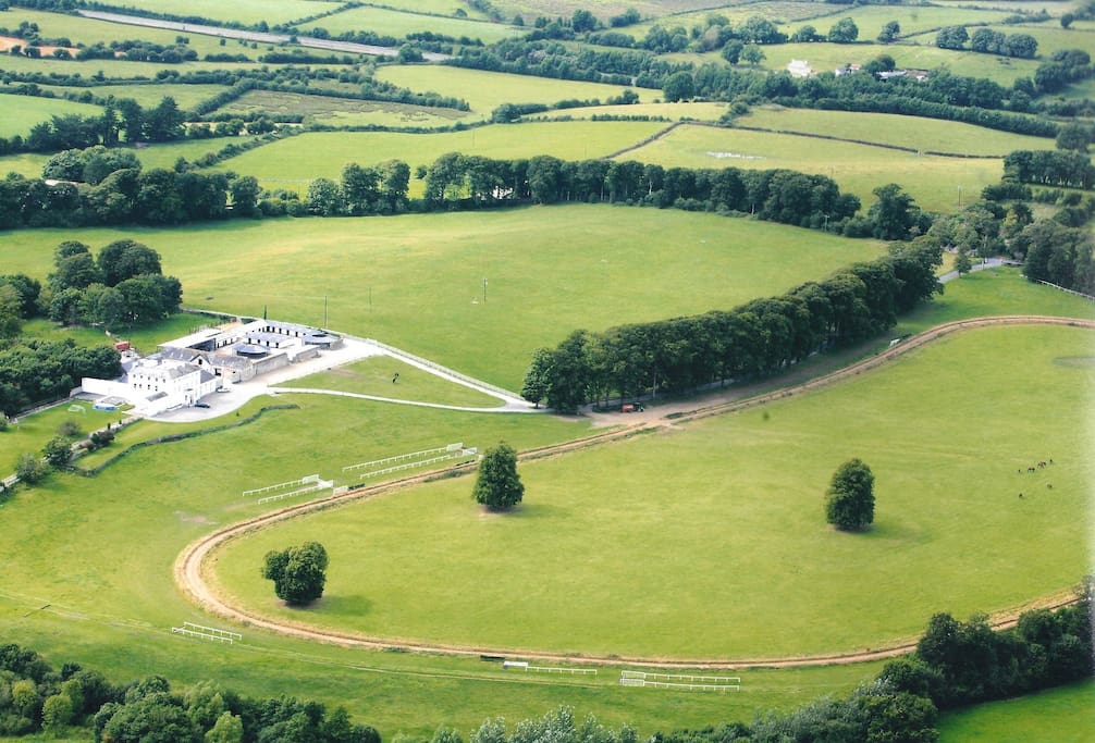 Aerial view of farm and gallop