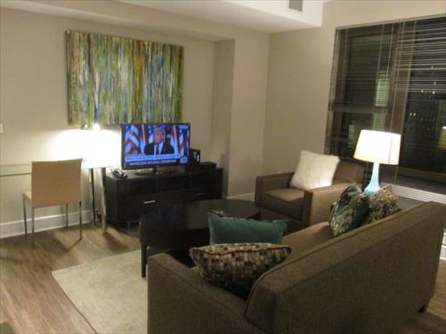 Comfortable living room with pullout sofa bed and club chair.