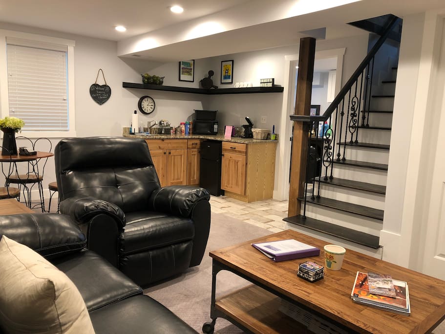 Airbnb living room/kitchen & stairs