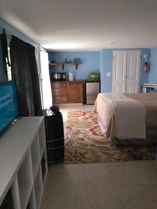 Includes mini fridge, microwave and hot water kettle.