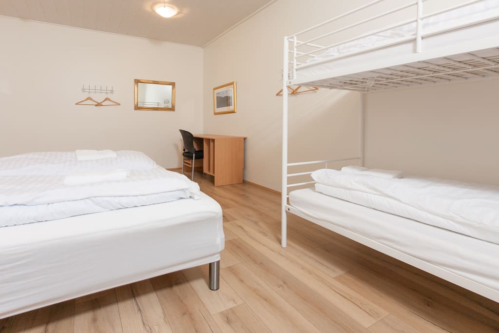 Comfortable double bed and bunk bed