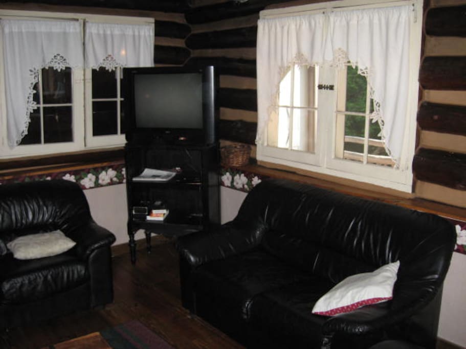 Living Room area is authentic log cabin.