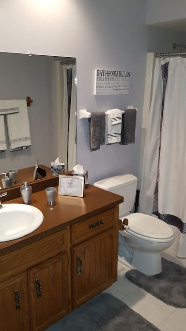 Full bath with shower over tub and wall mounted hair dryer