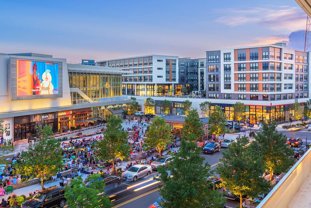 The Mosaic District. Outdoor movies played on Sundays on the lawn.