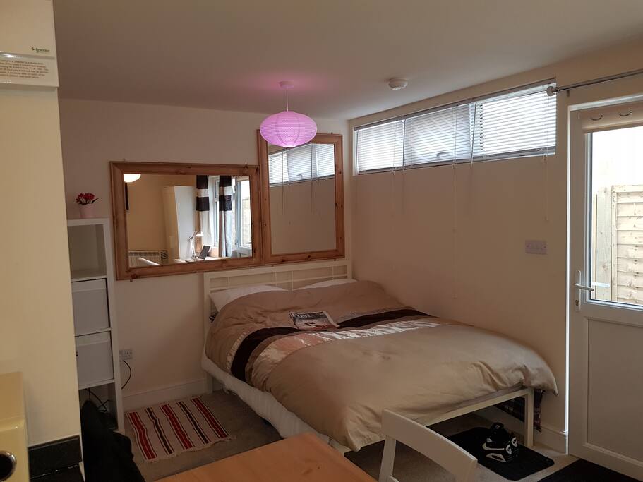 bed, shelves, lighting