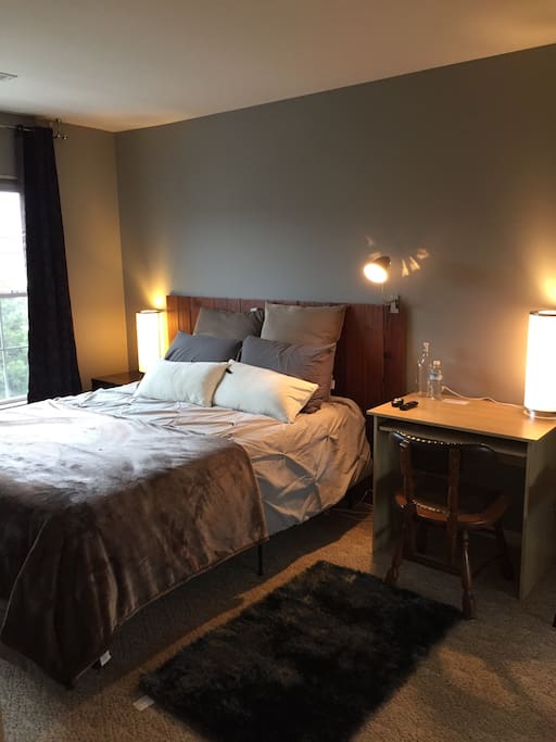 Bedroom is on the first floor up a flight of stairs. Includes desk, luggage racks, full sized closet with hangers.