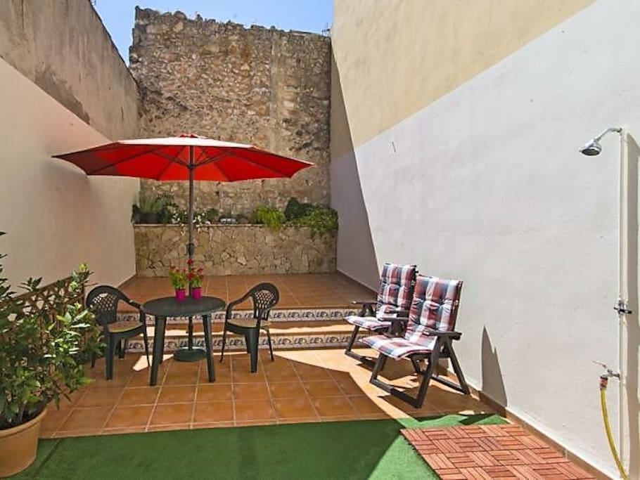 soleado y privado patio trasero con ducha exterior
