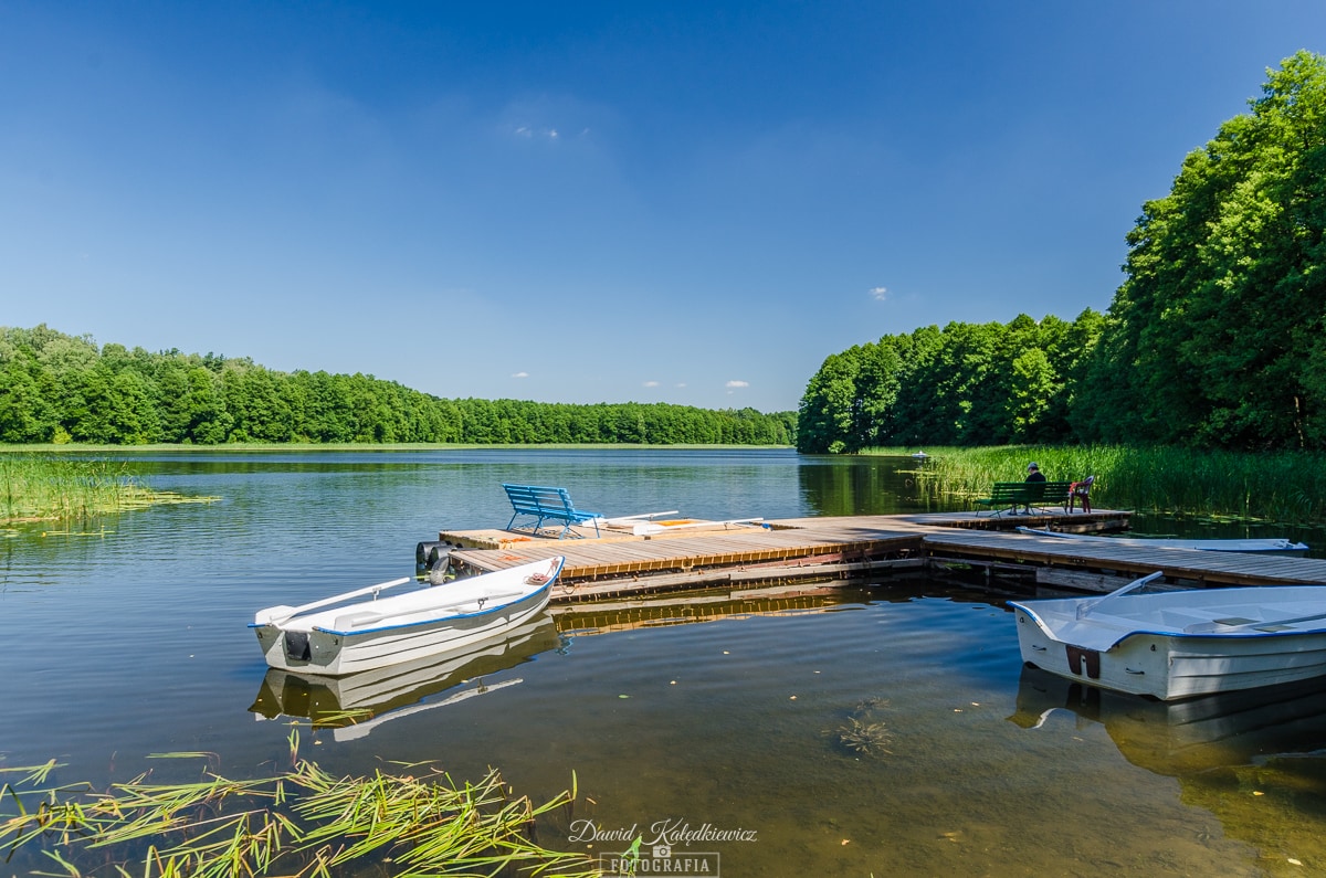 A serene lake scene features calm waters bordered by lush greenery. Two small boats are moored at a wooden pier, where a single deck chair offers a place to relax. The clear blue sky enhances the peaceful atmosphere of the natural surroundings.