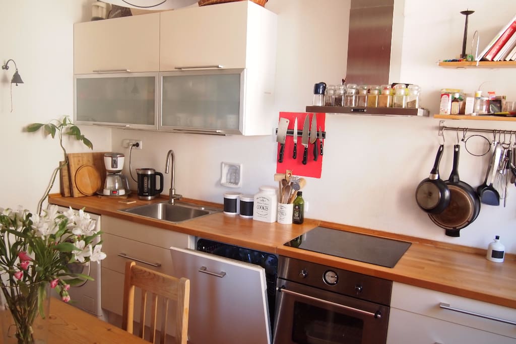 Kitchen, completely reconstructed, dishwasher, frigde, freezer, washing machine. From kitchen, you can enter the balcony witha view to the historical train station Praha-Bubny.
