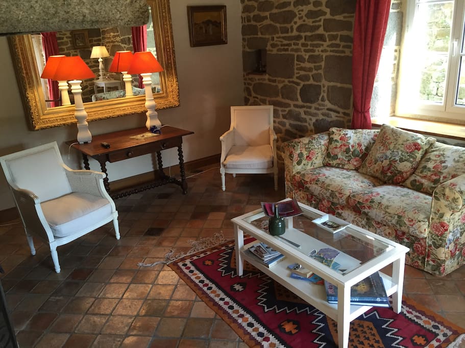 Salon avec grande cheminée en granit.