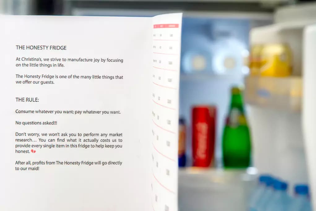 Our Honesty Fridge - consume what you want, pay what you want! All proceeds are handed to our lovely cleaning staff