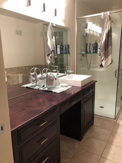 Shared bathroom in the main floor. Glass surround shower and large vanity.