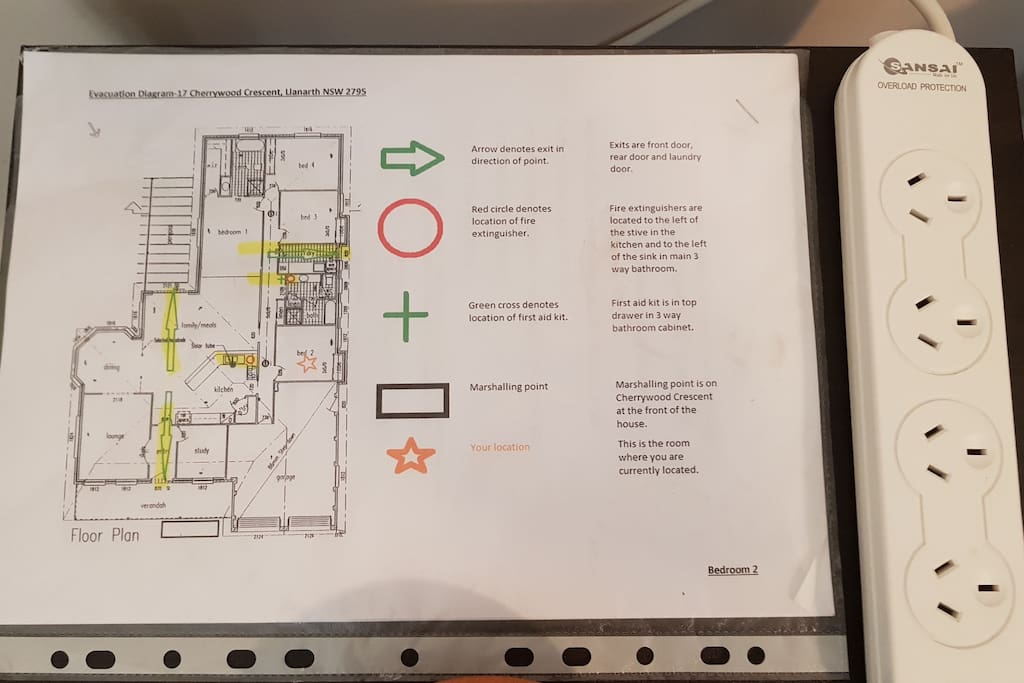 Evacuation plan showing first aid kit, fire extinguishers and exits. Charging stations in all rooms.