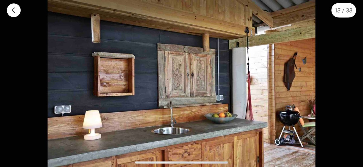 A functional outdoor kitchen features a wooden countertop with a sink and a bowl of fruit displayed prominently. Natural wood accents and a dark wall provide a rustic touch, while a lantern-style light adds subtle illumination. A grill is positioned nearby, enhancing the cooking space.