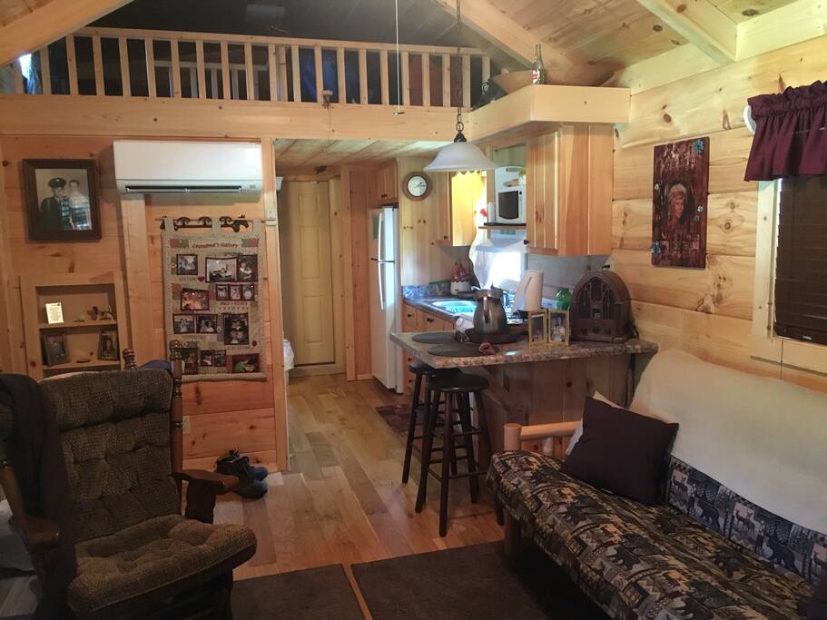 Living room area and kitchen. Loft rail for safety.