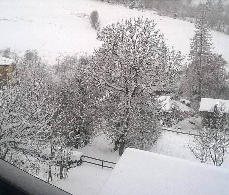 Vu du balcon en hiver avec la neige