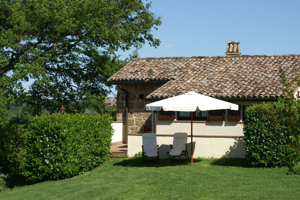 privé tuin met ligstoelen en parasol
