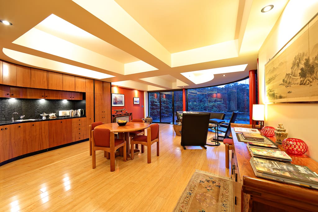 Spacious living, dining, kitchen early evening