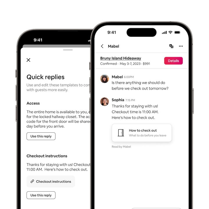 La app de Airbnb muestra que un anfitrión envía una respuesta rápida que incluye las tareas para hacer antes del check-out. Una confirmación de lectura indica que el huésped leyó el mensaje.