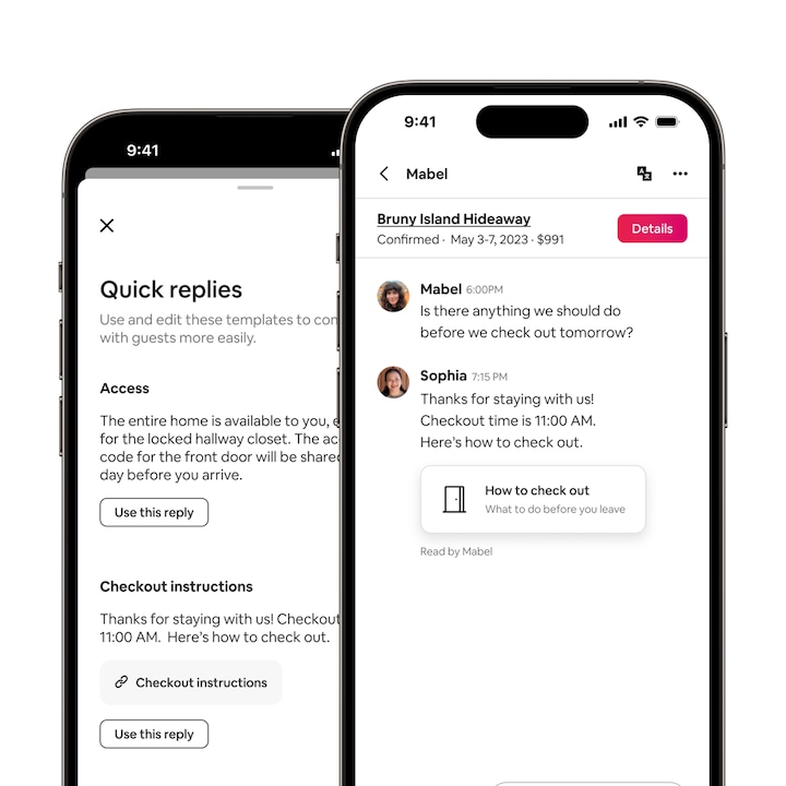 L'application Airbnb montre un hôte envoyant une liste de tâches de départ au moyen d'une réponse rapide. Un accusé de réception indique que le message a été lu par le voyageur.
