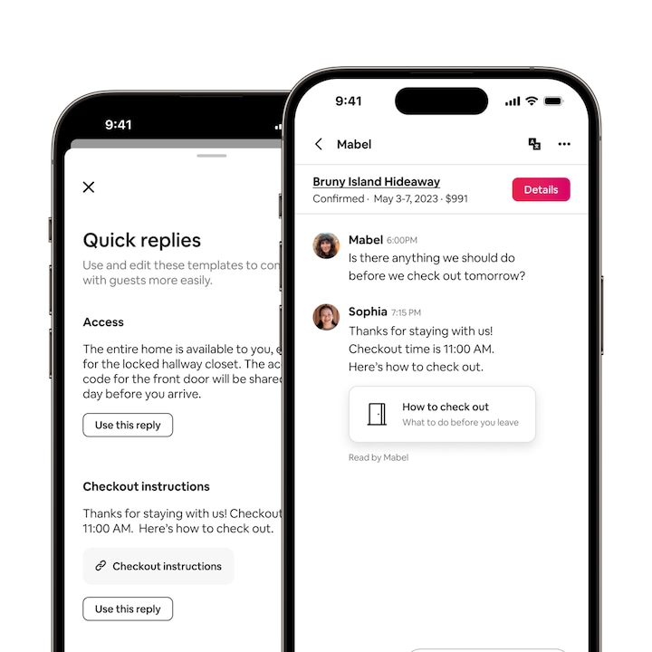 Tampok sa Airbnb app ang pagpapadala ng host ng mga gawain sa pag‑check out gamit ang mabilisang tugon. Ipinaparating ng “palatandaang nabasa na” na nabasa na ng bisita ang mensahe.