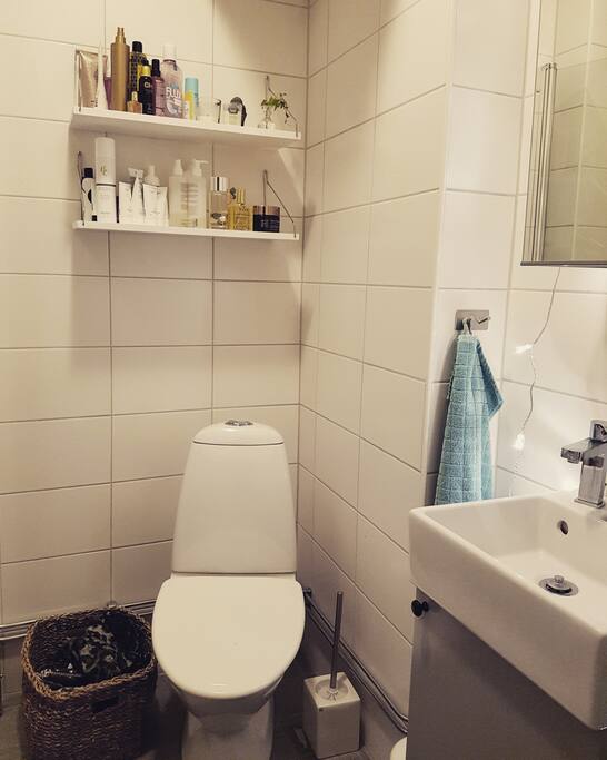 Helkaklad toalett med duschhörna i glas.