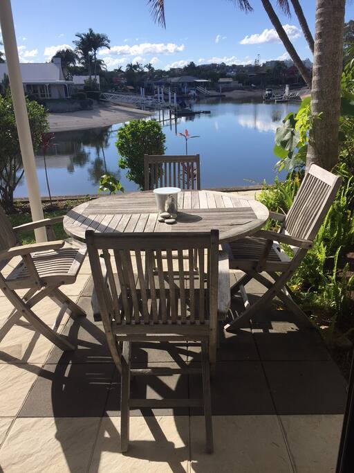 The apartment looks directly over a wide part of the canal.