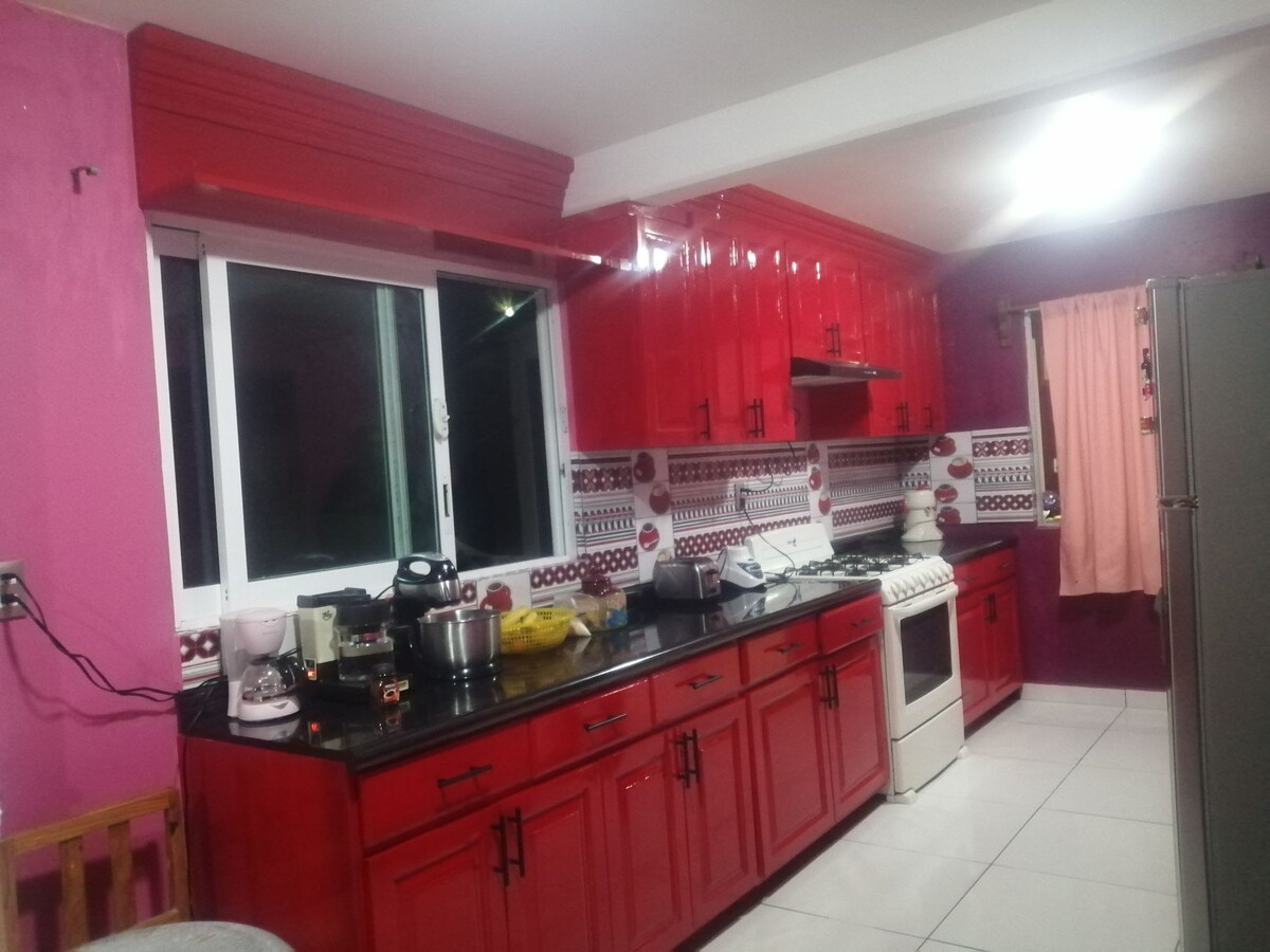 The kitchen features vibrant red cabinetry and a contrasting black countertop. A stove and oven are visible, alongside various kitchen appliances. Natural light streams in through a large window, and a pink accent wall adds warmth to the space.