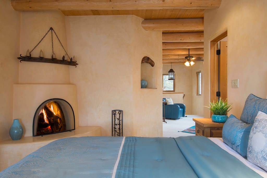 Master bedroom upstairs. King size bed, views, fireplace, 42 in flat panel