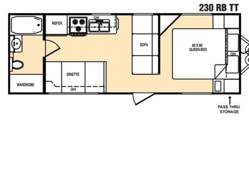Interior layout, bathroom, wardrobe, kitchen. There is 2 feet space around queen sized bed.