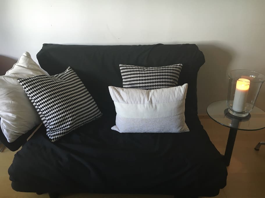The LignetRoset sleeping futon couch you will seep on ( bed is suitable to sleep 2 normally and you will receive fresh towels and bedlinen and pillows)