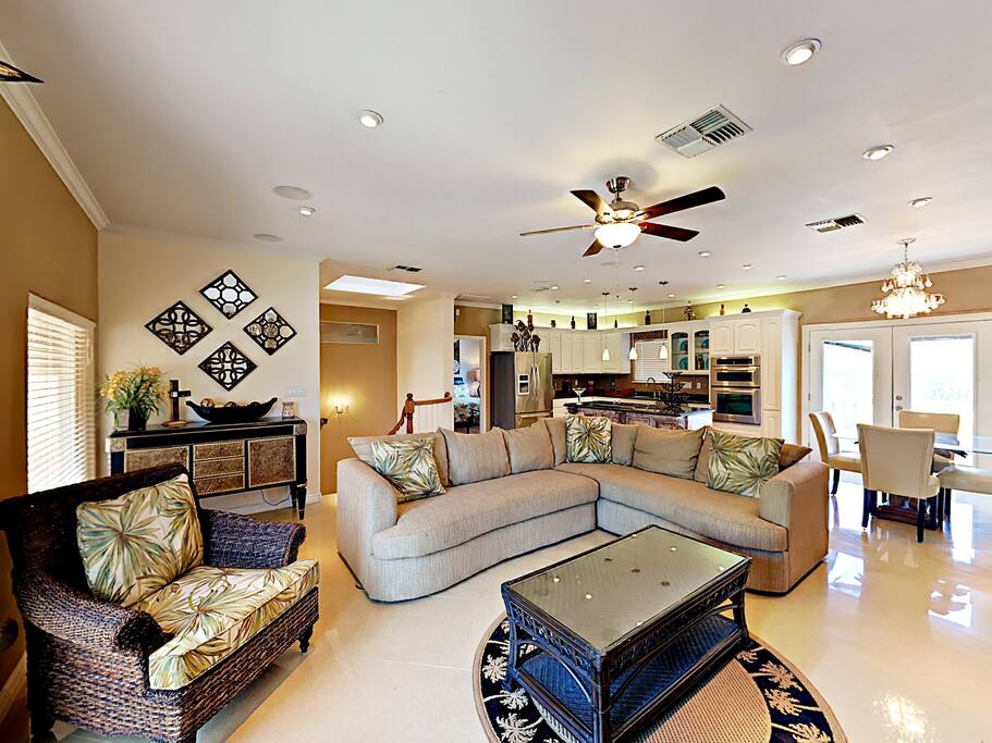 A comfortable couch offers seating in the living room