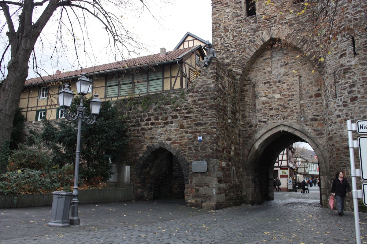 A historic stone archway is featured, part of the ancient city walls. The archway leads to a bustling street with cobblestones. Nearby, a lamppost stands next to a public area with a tree and greenery, while pedestrians can be seen walking through the arch.