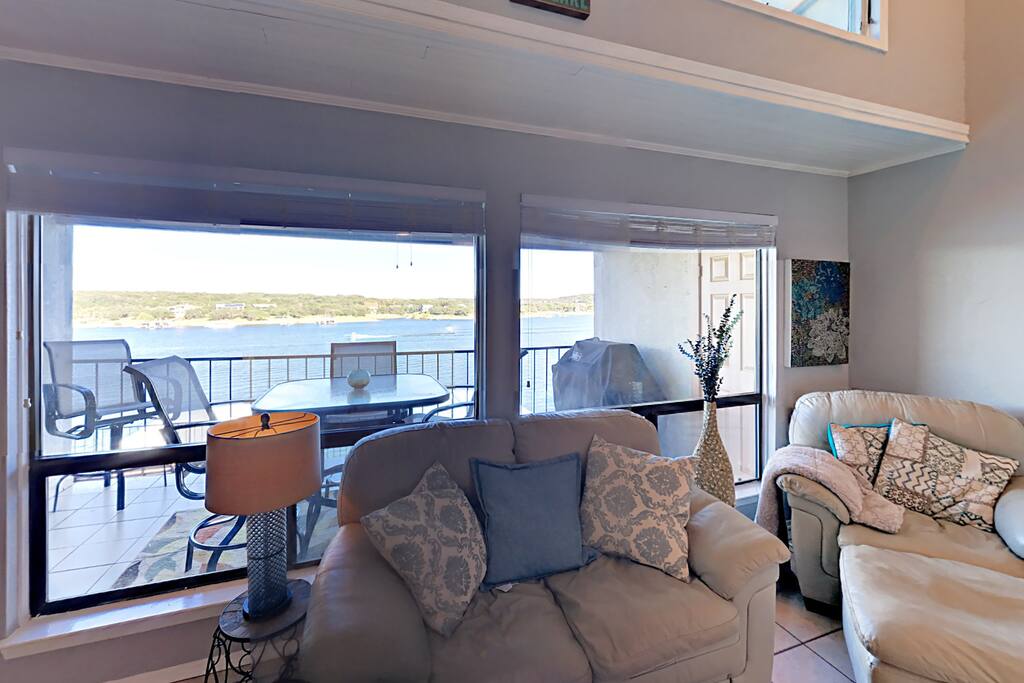 Enjoy lake views from the living room.