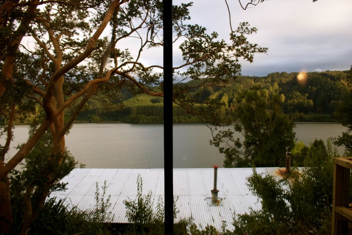 A panoramic view of a serene river bordered by lush greenery is presented through large glass windows. The reflective surface of the water contrasts with the vibrant foliage, while a metal roof is visible in the foreground, suggesting a connection to the natural surroundings.