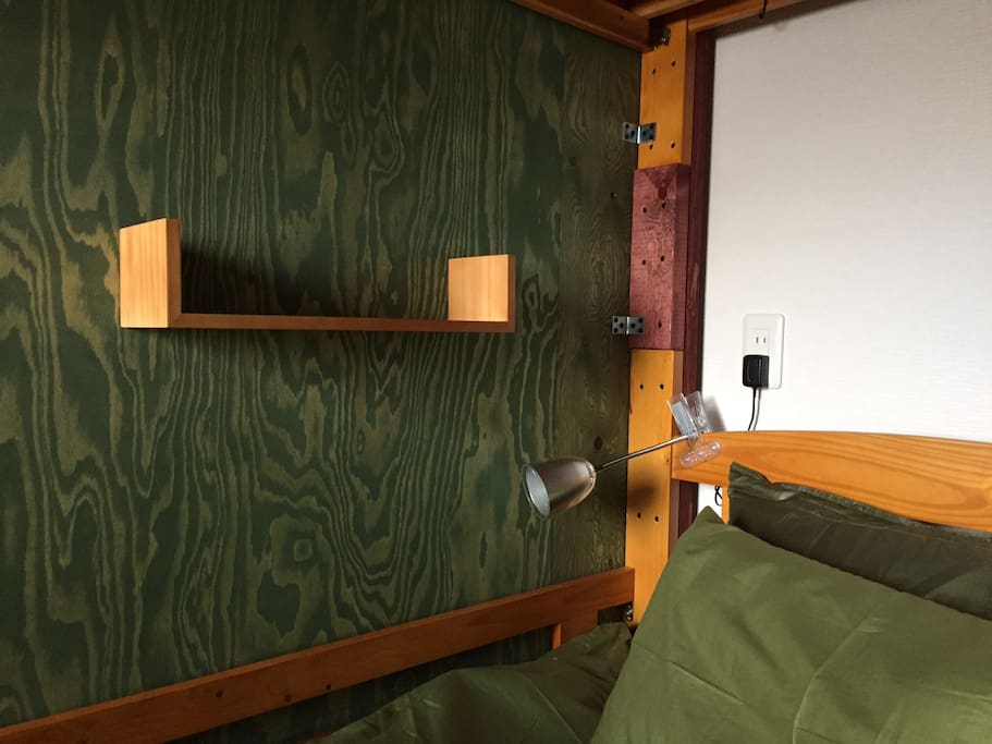 LED book light and shelf each bed