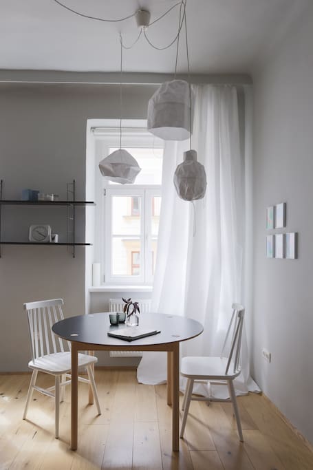 LIVING ROOM+BEDROOM:dining table from hay, designer lamps from an austrian designer