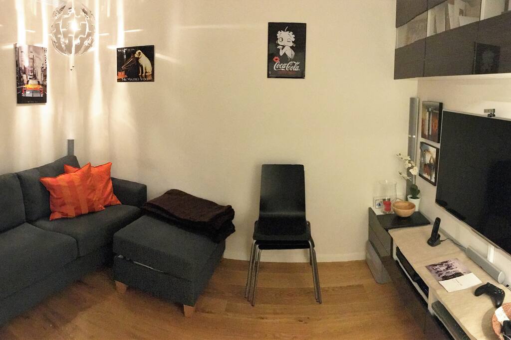 TV livingroom with sofabed that can be transformed to comfortable bed for two