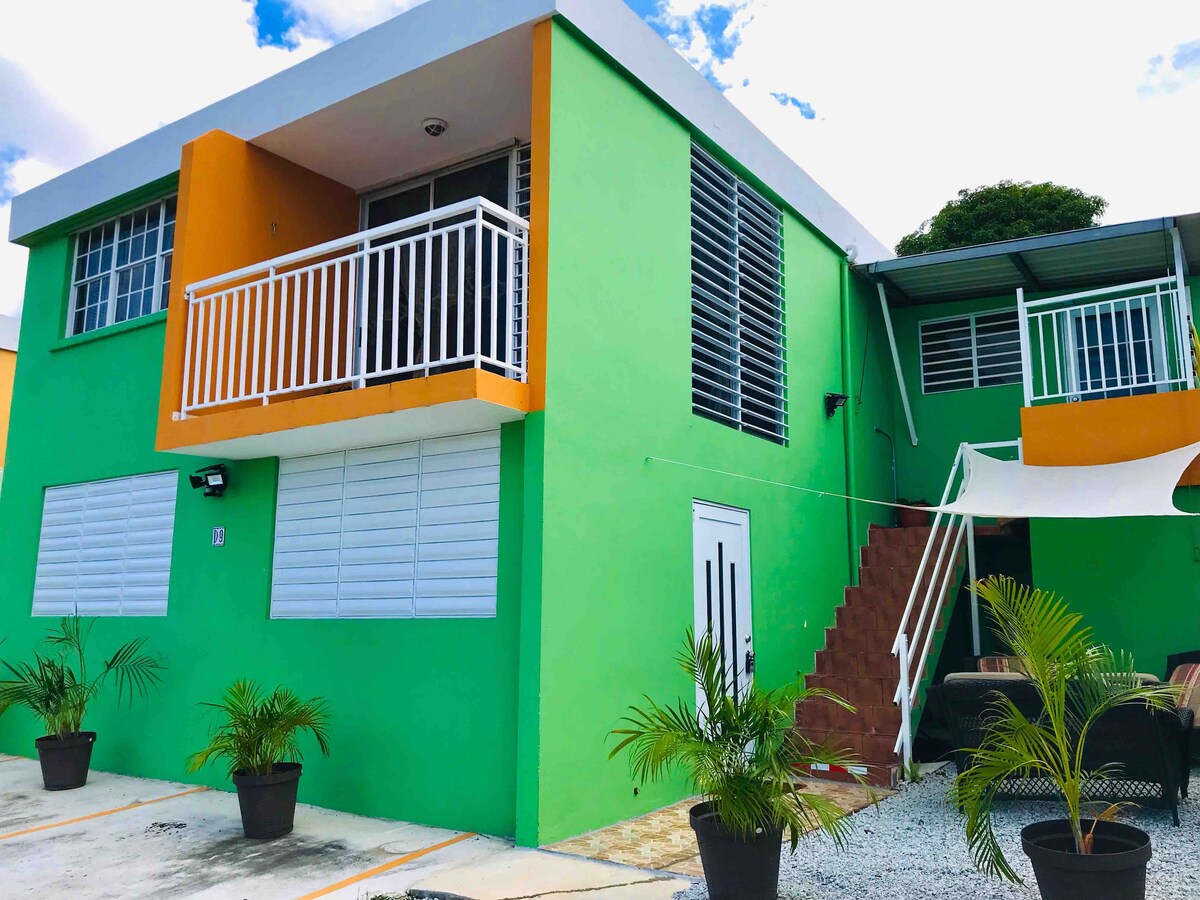 The exterior of the apartment features a vibrant green façade with contrasting orange accents. A set of stairs leads to a balcony, and potted plants add greenery to the entrance. The design reflects a modern aesthetic with large windows and a shaded area beneath the overhang.